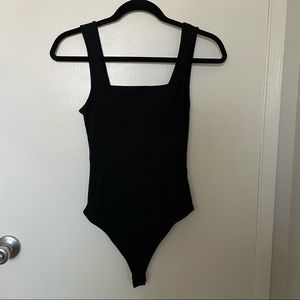 Square neck ribbed thong snap closure body suit